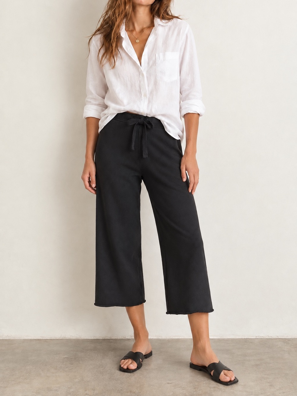 Frank & Eileen Catherine black wide leg crop terry cloth sweats